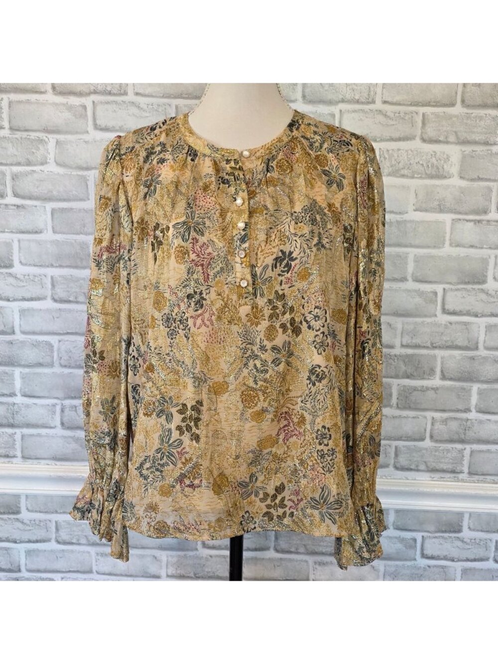 1.STATE Metallic Floral Blouse Lurex Long Sleeve Ruffle Brunch Top Gold Large